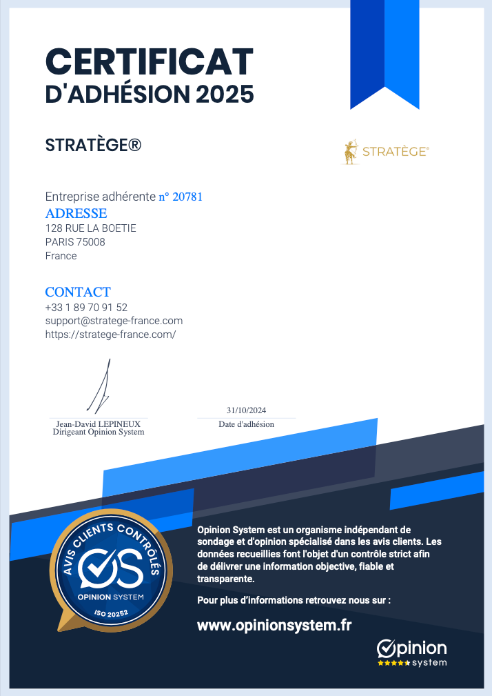 Certificat d’adhésion 2025 STRATÈGE® à Opinion System - Avis clients contrôlés et certifiés ISO 20252